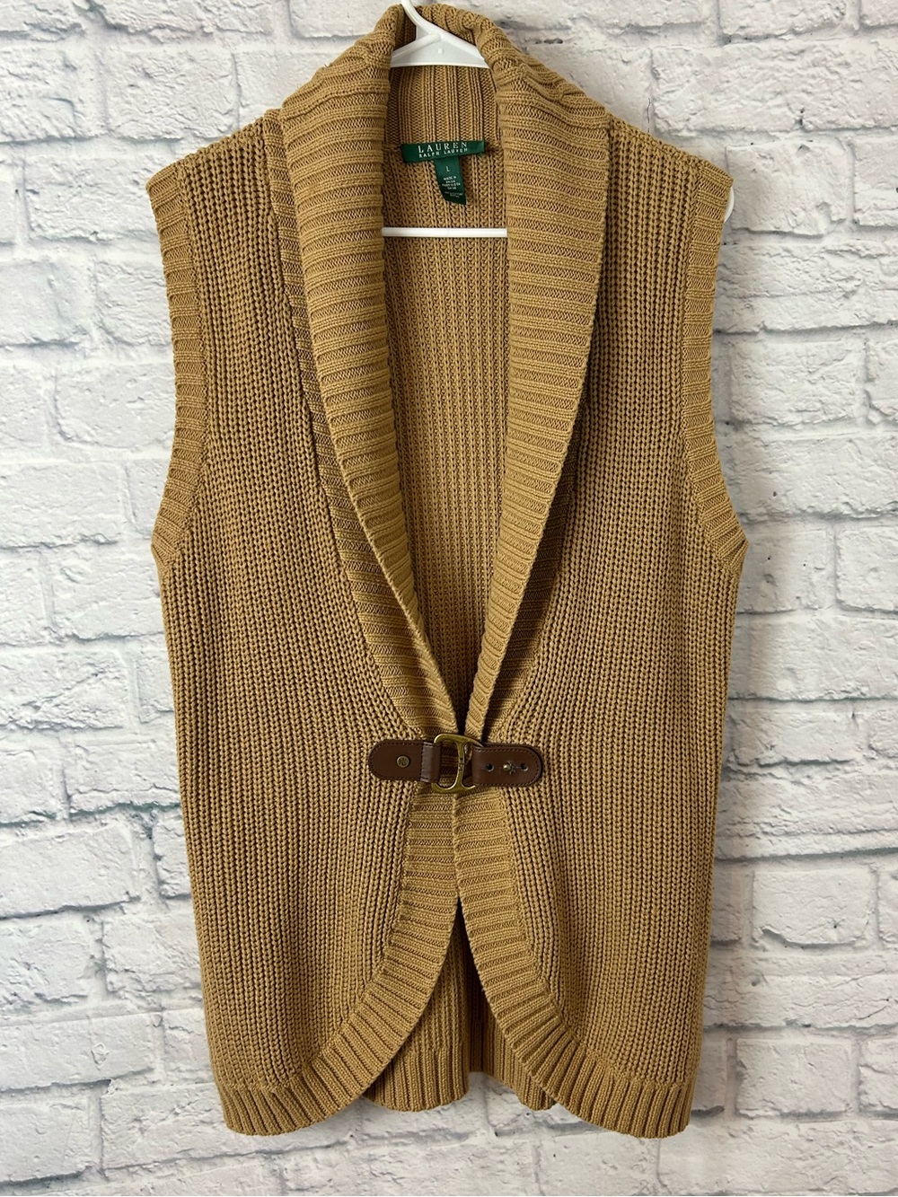 Lauren Ralph Lauren Cotton Chunky Knit Sweater Vest Large Brown Leather Buckle